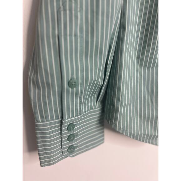 Worthington Women Top SP White Green Striped Button Front Long Sleeve Shirt - Picture 2 of 6
